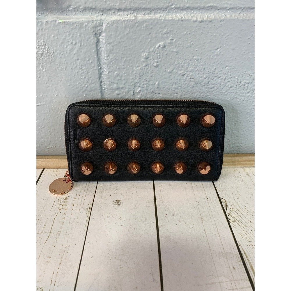 Deux Lux Black Studded Zip Around Wallet Rose Gold Cone Studs Vegan Leather